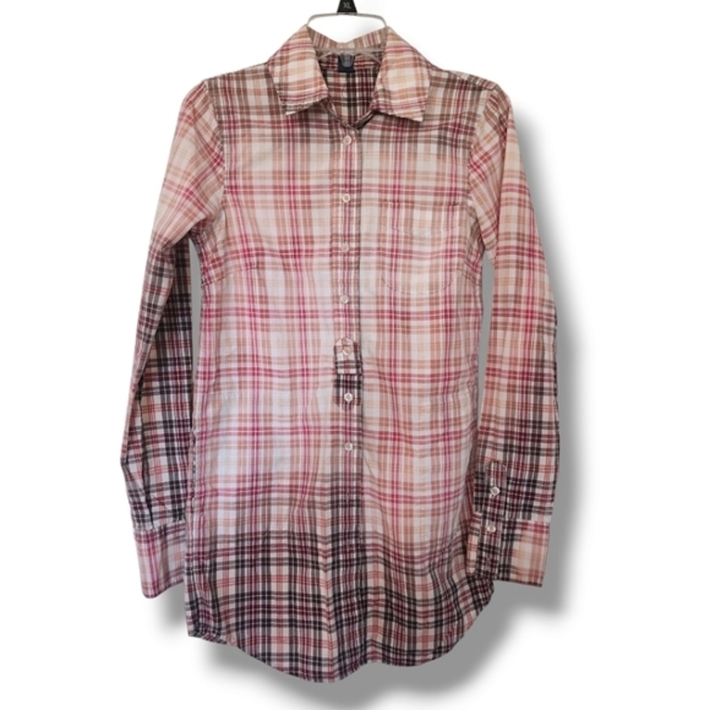 Free People pink plaid ombre tunic length button down top with pockets 6